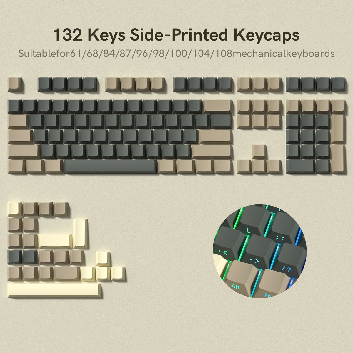 Teclas Mecánicas Retroiluminadas PBT 136 Teclas — Perfil OEM para Switches MX