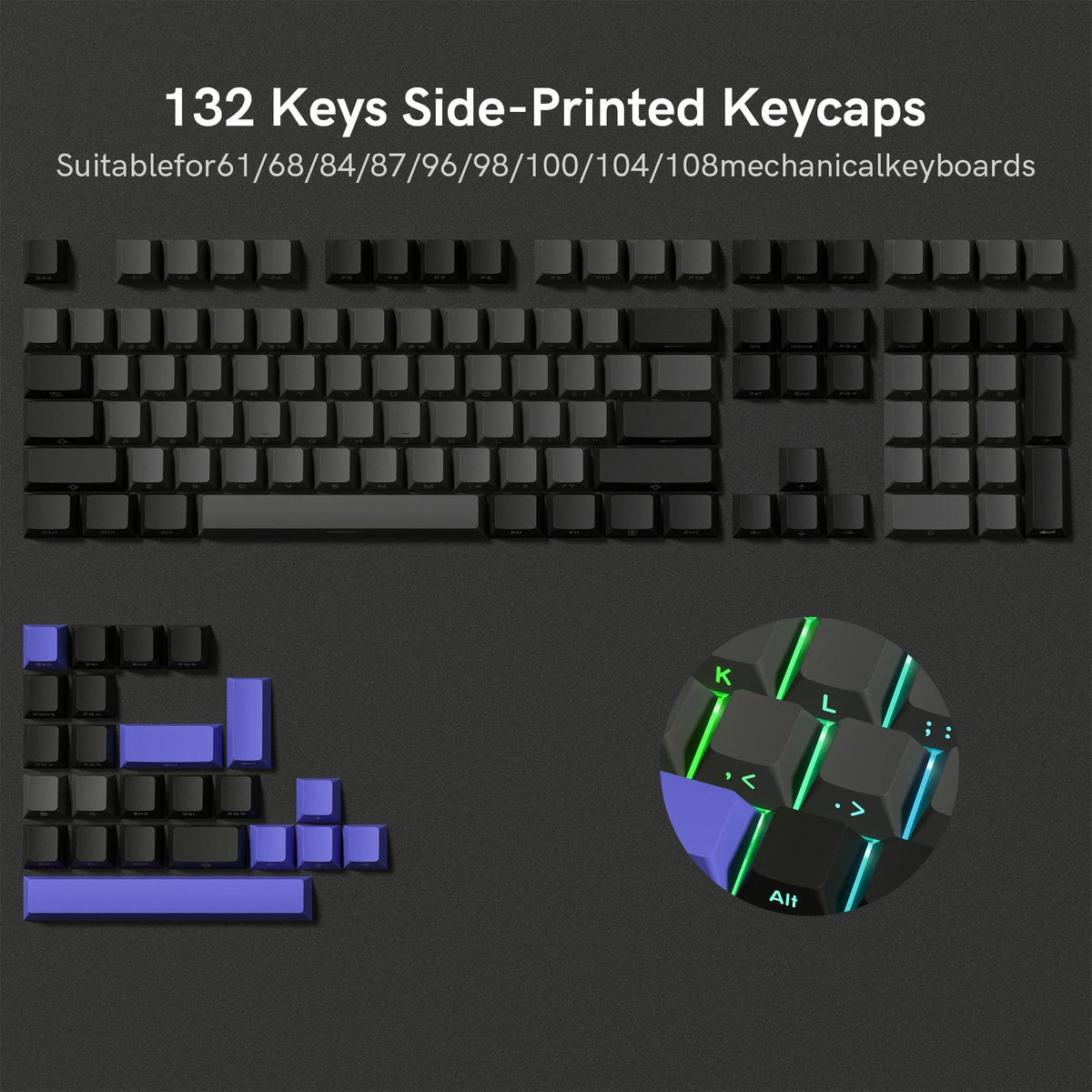 Teclas Mecánicas Retroiluminadas PBT 136 Teclas — Perfil OEM para Switches MX
