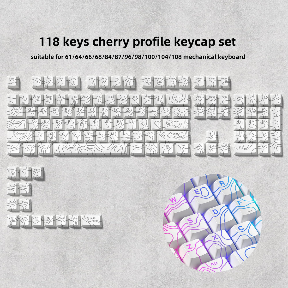 Teclas Mecánicas Retroiluminadas PBT 136 Teclas — Perfil OEM para Switches MX